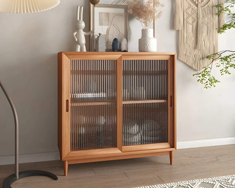 wooden sideboard with glass doors